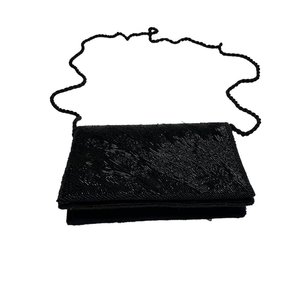 Vtg Shoulder Bag Bead‎ Rope Handle Elegant Clutch Purse Black Sparkle Glam Retro